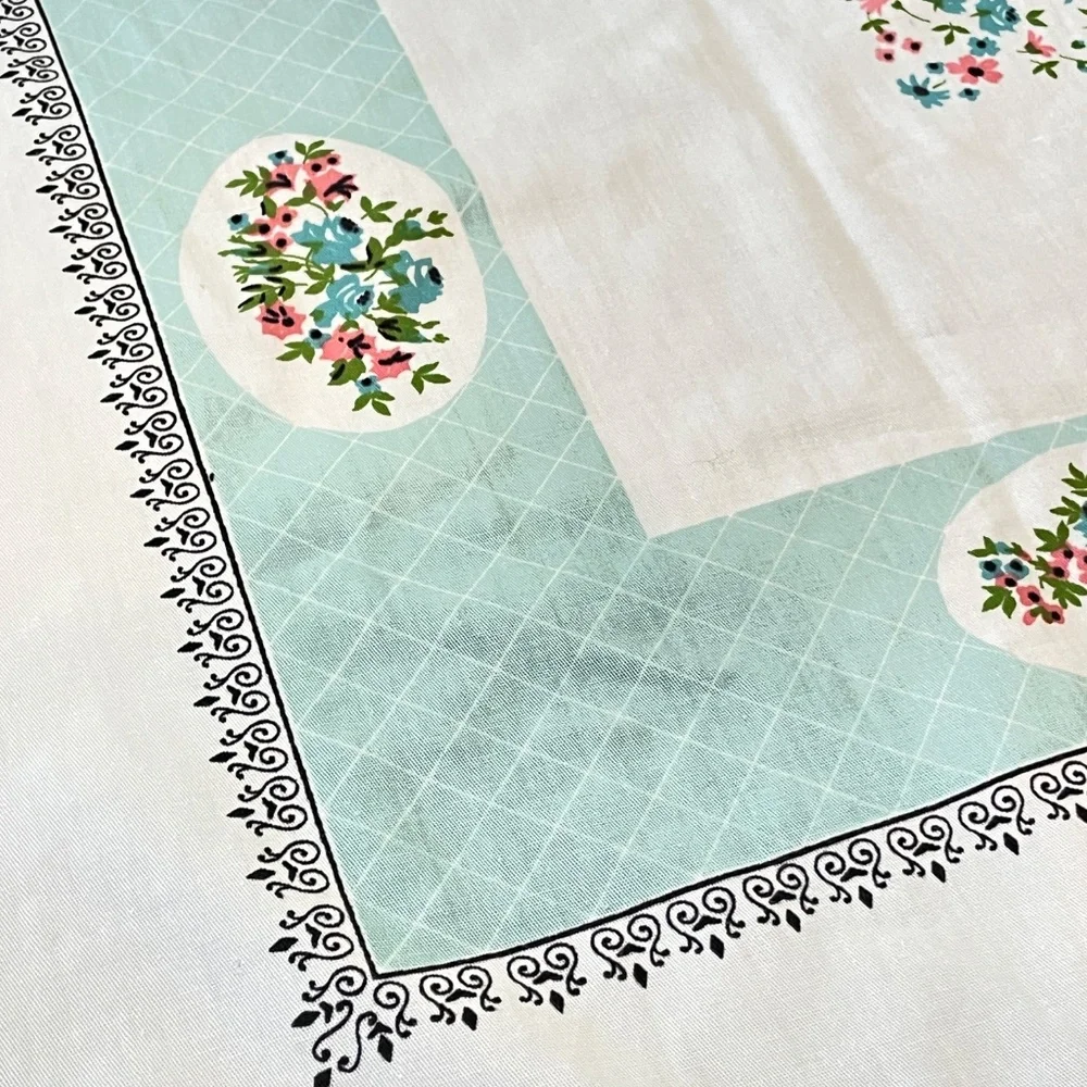 Vintage Cotton Printed MC Tablecloth Aqua Pink Black Green 52